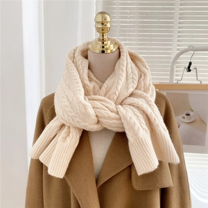 Detail of chunky cable knit texture on cream winter scarf styled with camel wool coat