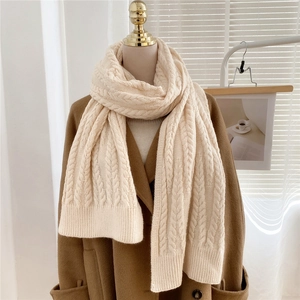Detail of creamy white cable knit scarf showing thick texture and wool coat styling