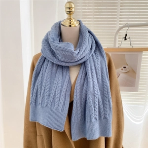 Detail of blue cable knit scarf texture on a brown wool coat showing warm winter style