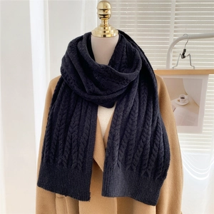 Detail of black cable knit scarf texture on a camel wool coat with rib-knit edges