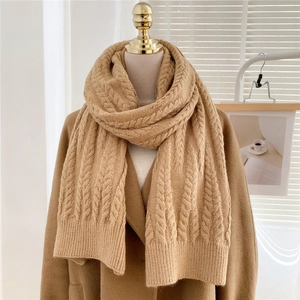 Close-up of oatmeal cable knit scarf showing thick texture on wool coat display