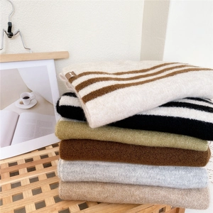Winter Striped Knit Scarf For Women Men Warm Thick Acrylic Polyester Wool Blend Long Soft Ribbed Wrap Scarf With Leather Label