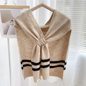 Beige knitted shawl wrap with black stripes and front tie design for women