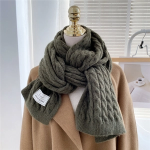 Detailed cable knit texture of dark green winter scarf with brand tag on camel wool coat