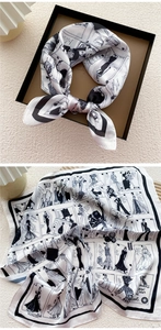 Detailed retro fashion illustration print on elegant black and white silk square scarf