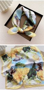Detail of silk square scarf featuring Van Gogh oil painting print in a premium gift box