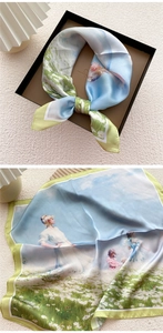 Impressionist oil painting style silk square scarf in an elegant black gift box packaging