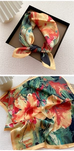 Artistic oil painting style floral square silk scarf presented in a premium black gift box