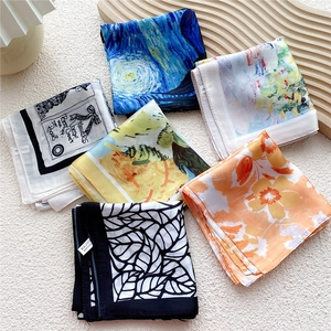 Artistic printed silk square scarf set with Van Gogh inspired patterns and floral designs