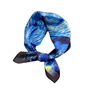 Van Gogh Starry Night print square silk scarf with elegant blue and yellow artistic pattern