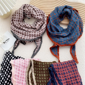 Vintage Polka Dot Plaid Cotton Linen Diamond Scarf Double Sided Lightweight Breathable Neck Shawl For Women