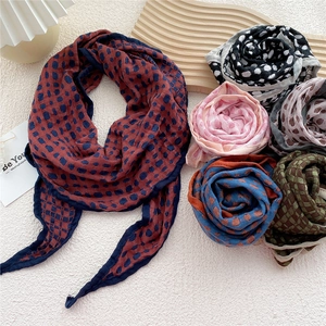 Checkered and polka dot cotton-linen triangle scarves in various colors for women