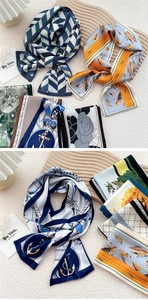Detail showing assorted stylish silk-feel scarves with geometric and floral patterns