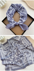 Detail of lavender leaf print square scarf in a gift box and flat lay display