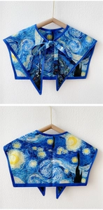 Detail of Van Gogh Starry Night print faux collar shawl with navy blue bow ribbon tie