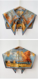 Detail of artistic oil painting print silk shawl with tie-front and satin finish