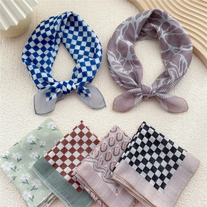 Various floral and plaid pattern cotton-linen square neck scarves in multiple colors