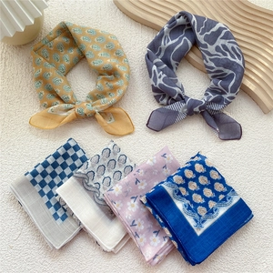 Set of six colorful cotton linen square scarves with paisley and floral patterns