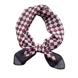 Burgundy and white checkered cotton linen scarf with black sheer trim for women