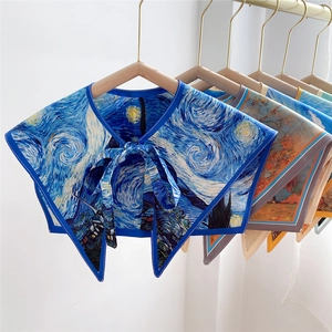 Women Decorative Detachable Collar Shawl Oil Painting Art Print Satin Scarf Lace Up False Neck Wrap Retro Fashion Accessory