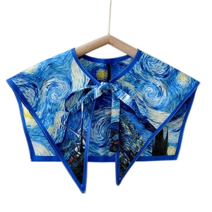 Artistic Starry Night print shawl wrap with ribbon tie and navy blue piping detail