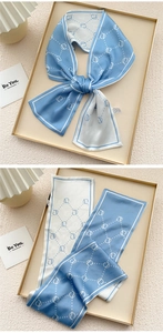 Detail of blue and beige monogram print twilly scarf with elegant contrast borders