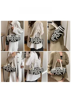 Detail shots of black and white geometric pattern barrel bag styled with various outfits