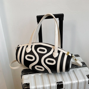 French style contrast Boston cylinder bag with white handles and geometric pattern decoration