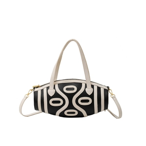 French style contrast color cylinder shoulder bag with abstract black and white pattern