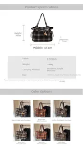 Detailed size chart and multi-color options for plaid tote bag with product dimensions