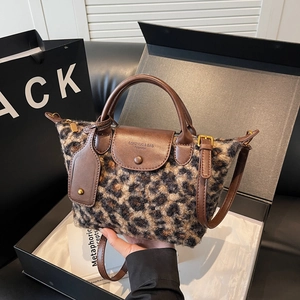 Retro leopard print plush handbag with brown leather strap in a premium gift box