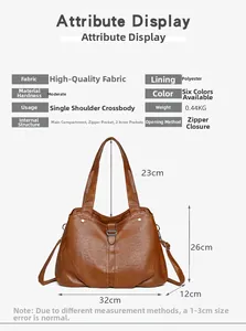 Brown tote bag specifications showing PU leather texture, dimensions, and interior structure
