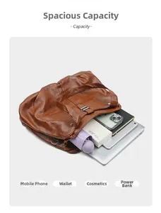 Brown lychee texture leather tote bag showing large capacity with daily essentials inside