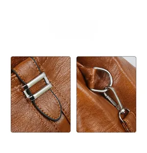 Close-up of brown pebbled leather bag featuring high-quality metal hardware and stitching