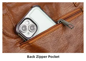 Close-up of functional back zipper pocket on brown tote bag showing smartphone fit