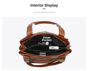 Top view of brown tote bag interior featuring multiple compartments and zipper pockets