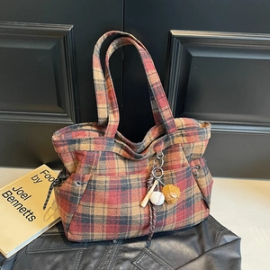 Vintage plaid wool tote bag with baseball themed charms and side drawstring detail