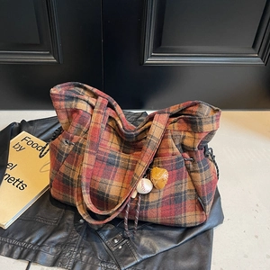 Vintage plaid woolen tote bag in red and black with baseball charms for women
