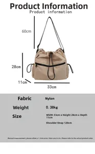 Detailed sizing chart for nylon drawstring bucket bag showing 33cm width and 28cm height