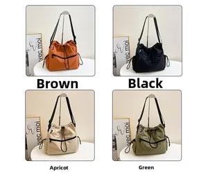 Detail showing the brown, black, beige, and green color options of the nylon bucket bag