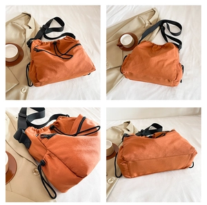 Detailed multi-angle views of orange nylon bucket bag with drawstring and zipper closure