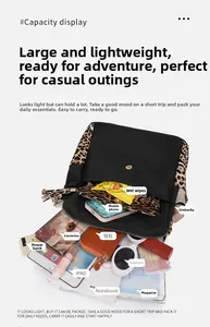 Interior storage view of leopard print backpack with iPad, umbrella and daily essentials