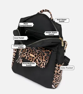 Top view of anti-theft leopard print backpack showing interior storage compartments