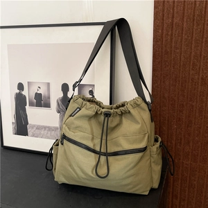 Women Nylon Crossbody Bucket Bag Drawstring Closure Multi Pocket Large Capacity Adjustable Wide Strap Commuter Casual Minimalist