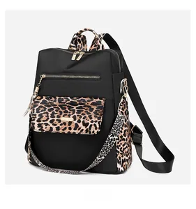 Detail view of anti-theft leopard print backpack with premium gold metal hardware and nylon