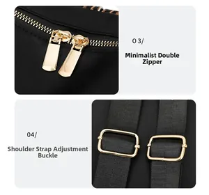 Detail of gold-tone zippers and adjustable buckles on a black anti-theft nylon backpack