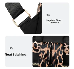 Detail of leopard print strap with adjustable metal buckle and precise stitching on backpack