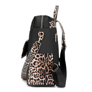 Fashion leopard print backpack with large capacity and stylish black nylon patchwork
