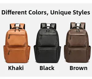 Three men's PU leather backpacks shown in khaki, black, and brown with zipper details
