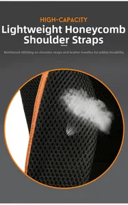 Detail of honeycomb breathable mesh shoulder straps with reinforced stitching on travel backpack